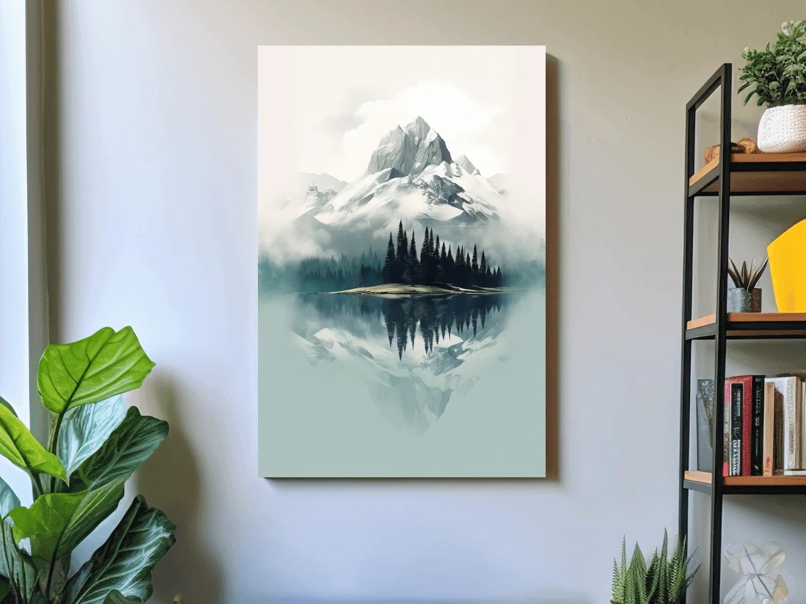Misty Alpine Mountain Lake Reflection - Minimalist Watercolor Landscape Wall Art