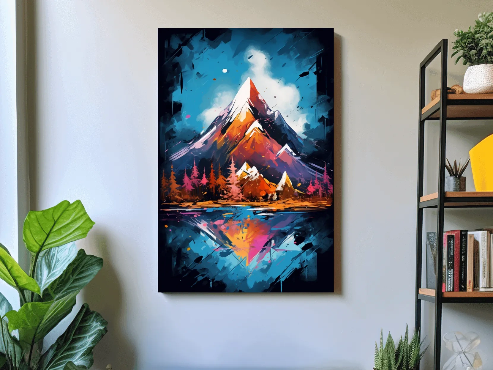 Vibrant Abstract Alpine Lake Painting - Colorful Mountain Forest Wall Art