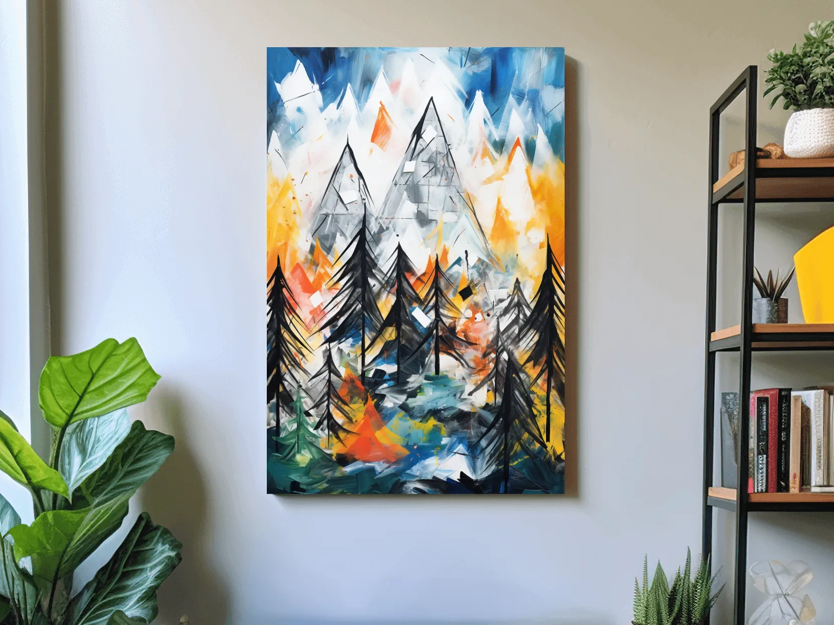 Abstract Alpine Mountain Peaks Painting - Colorful Energetic Pine Forest Landscape Wall Art