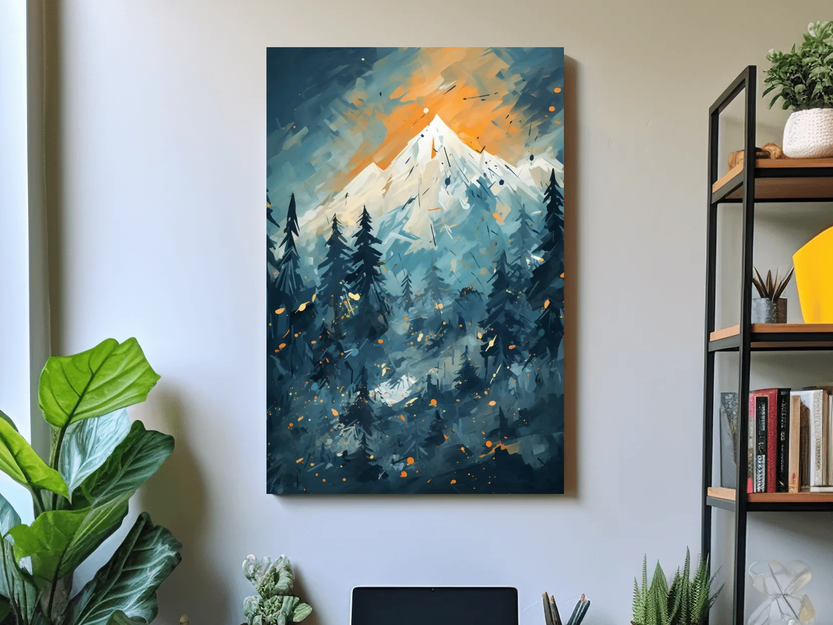 Abstract Snowy Mountain Peak Sunset - Moody Pine Forest Painting Wall Art