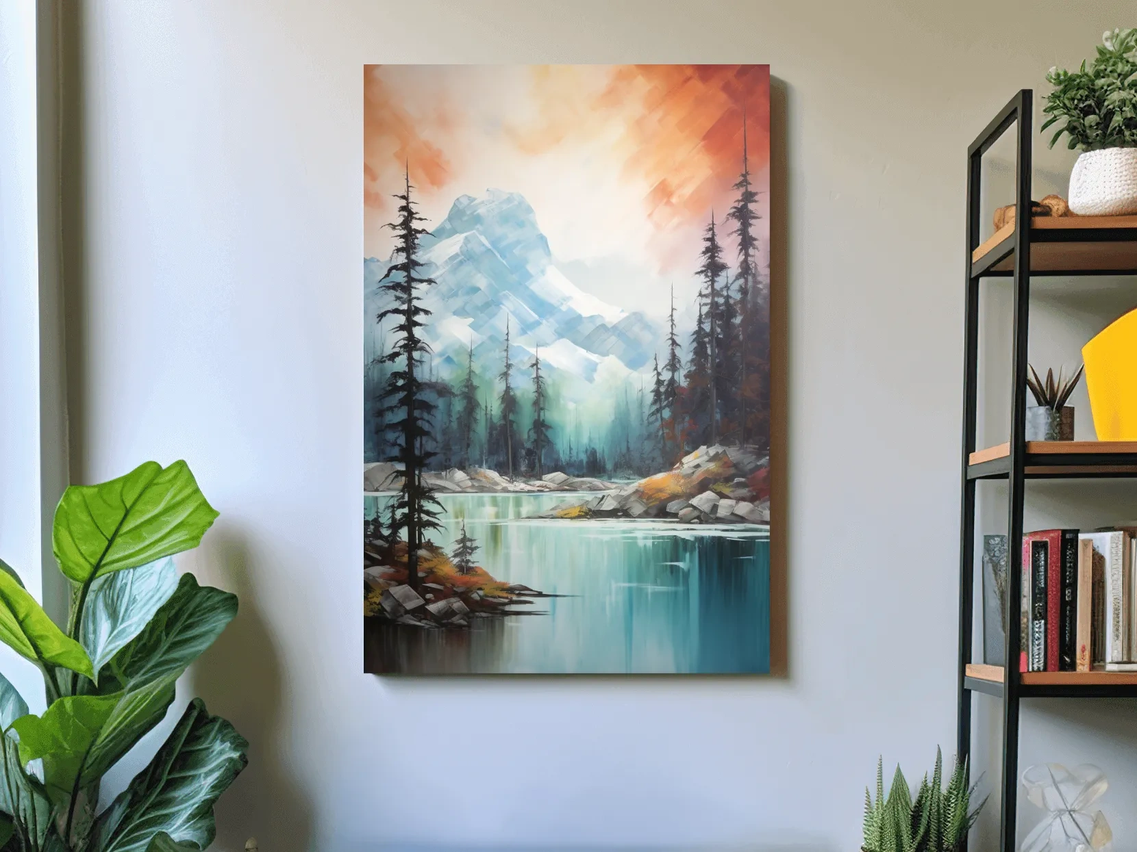 Turquoise Alpine Lake & Pine Forest Sunset Watercolor - Serene Mountain Landscape Wall Art