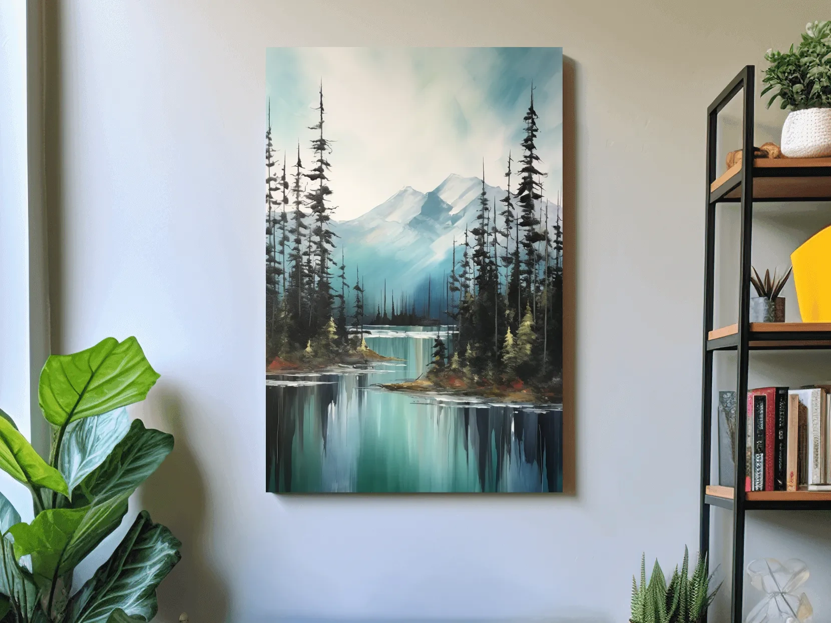 Alpine Turquoise Lake Watercolor Landscape - Serene Pine Forest Nature Wall Art