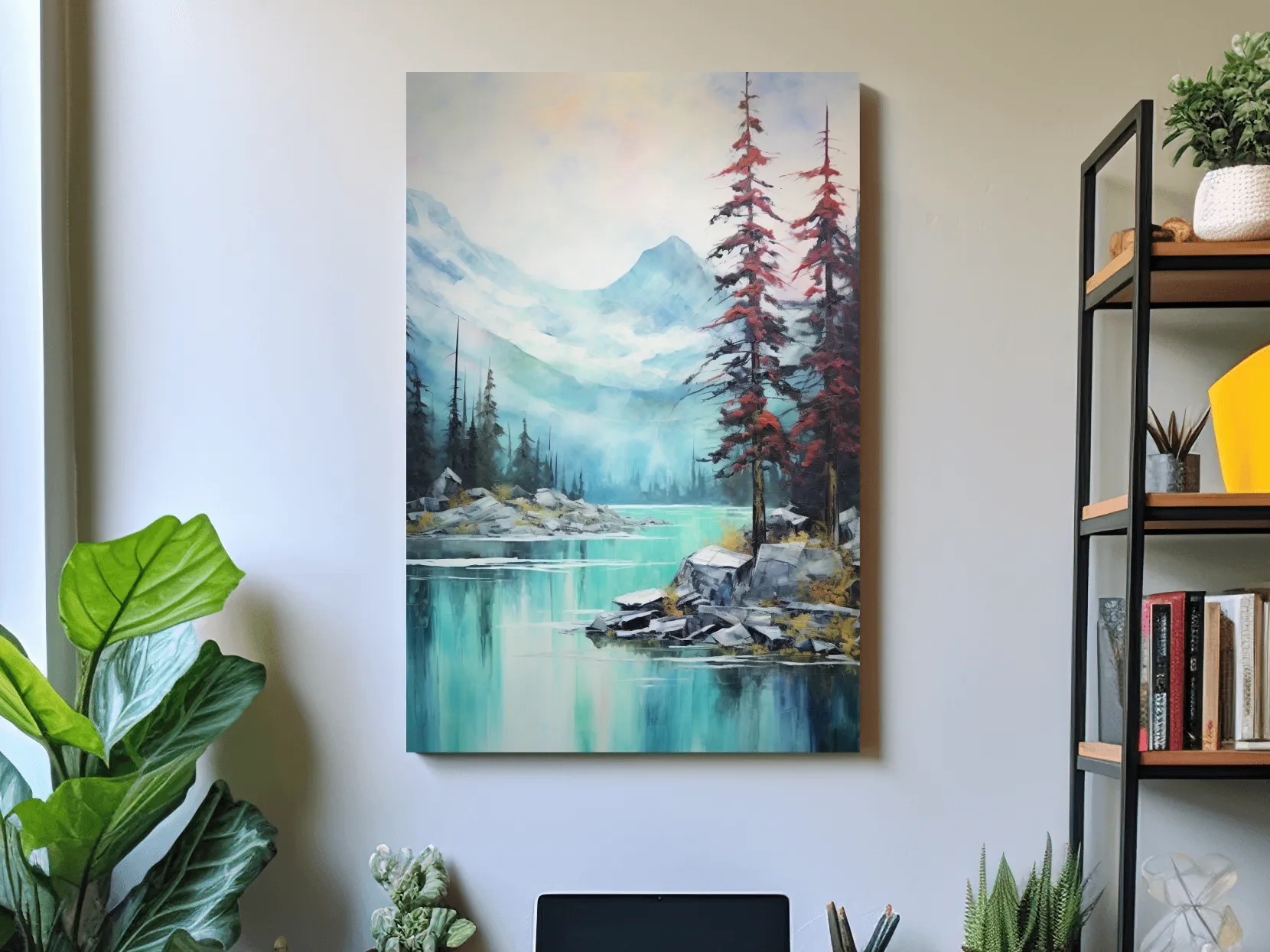 Mountain scenery painting, a turquoise alpine lake