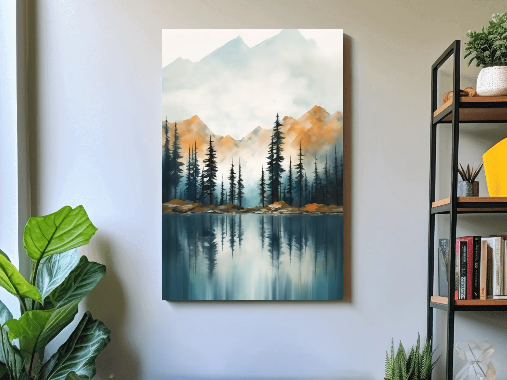 Misty Watercolor Mountain Lake Reflection - Serene Pine Forest Landscape Wall Art