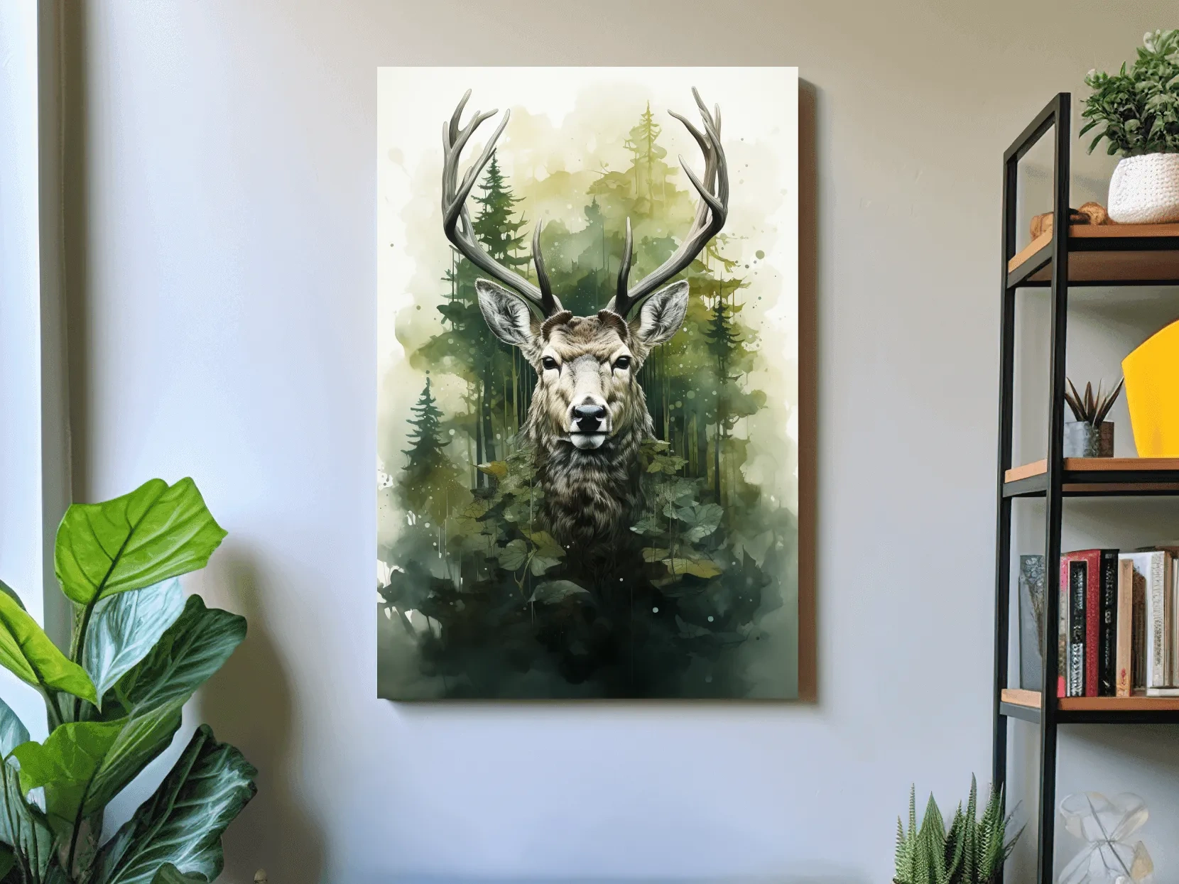 Watercolor Deer Portrait In Misty Pine Forest - Woodland Wildlife Wall Art