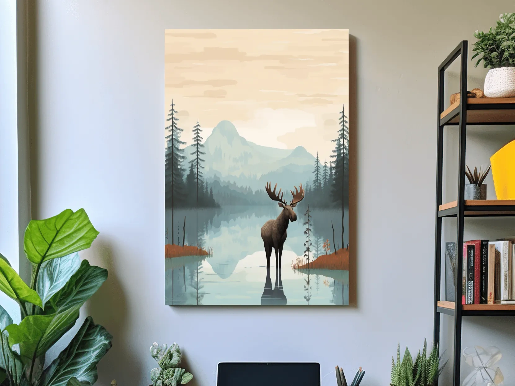 Moose Mountain Lake Illustration - Nursery Forest Mountain Wall Art