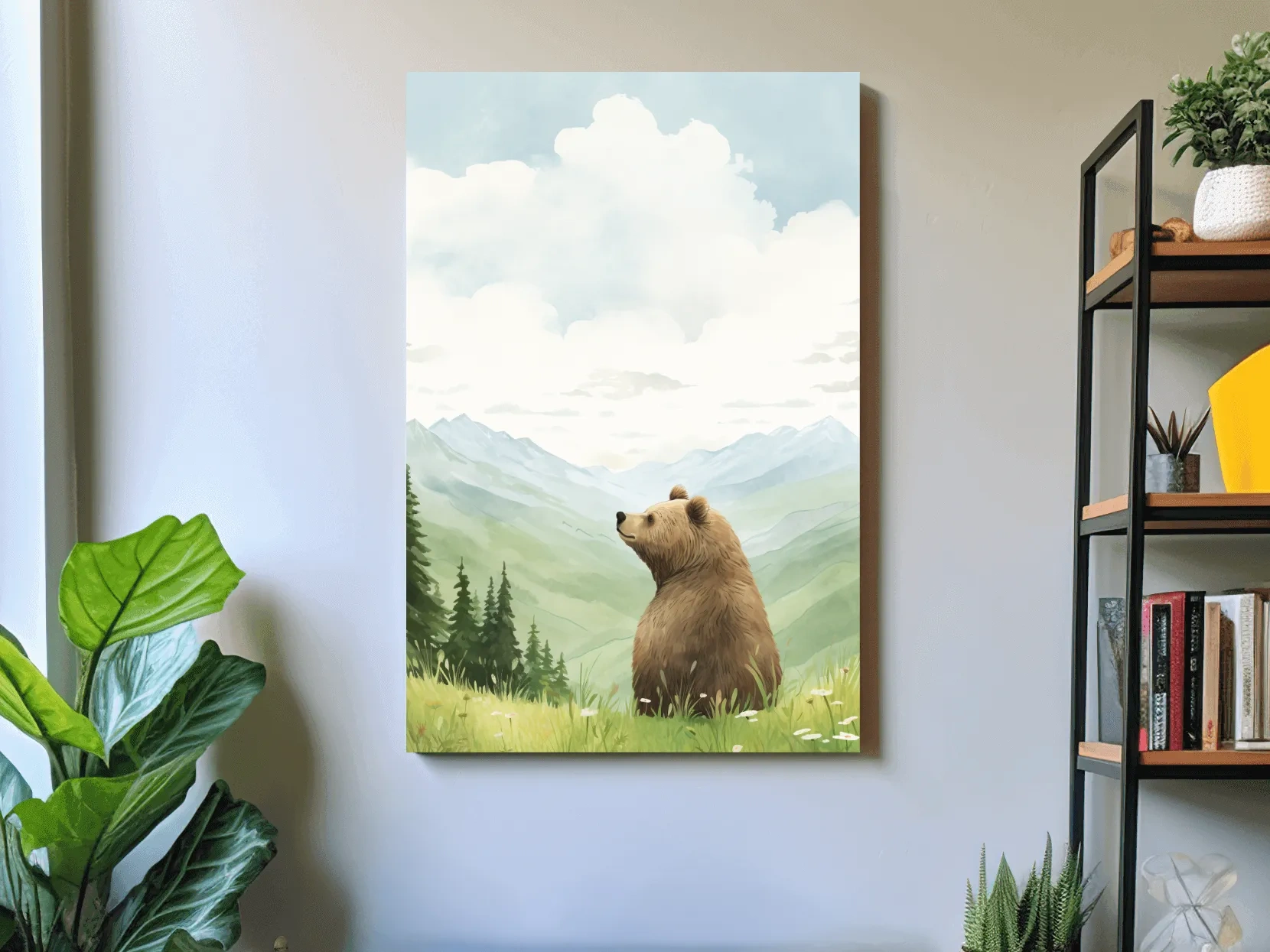 Whimsical Watercolor Bear In Mountain Meadow - Serene Nursery Wildlife Art