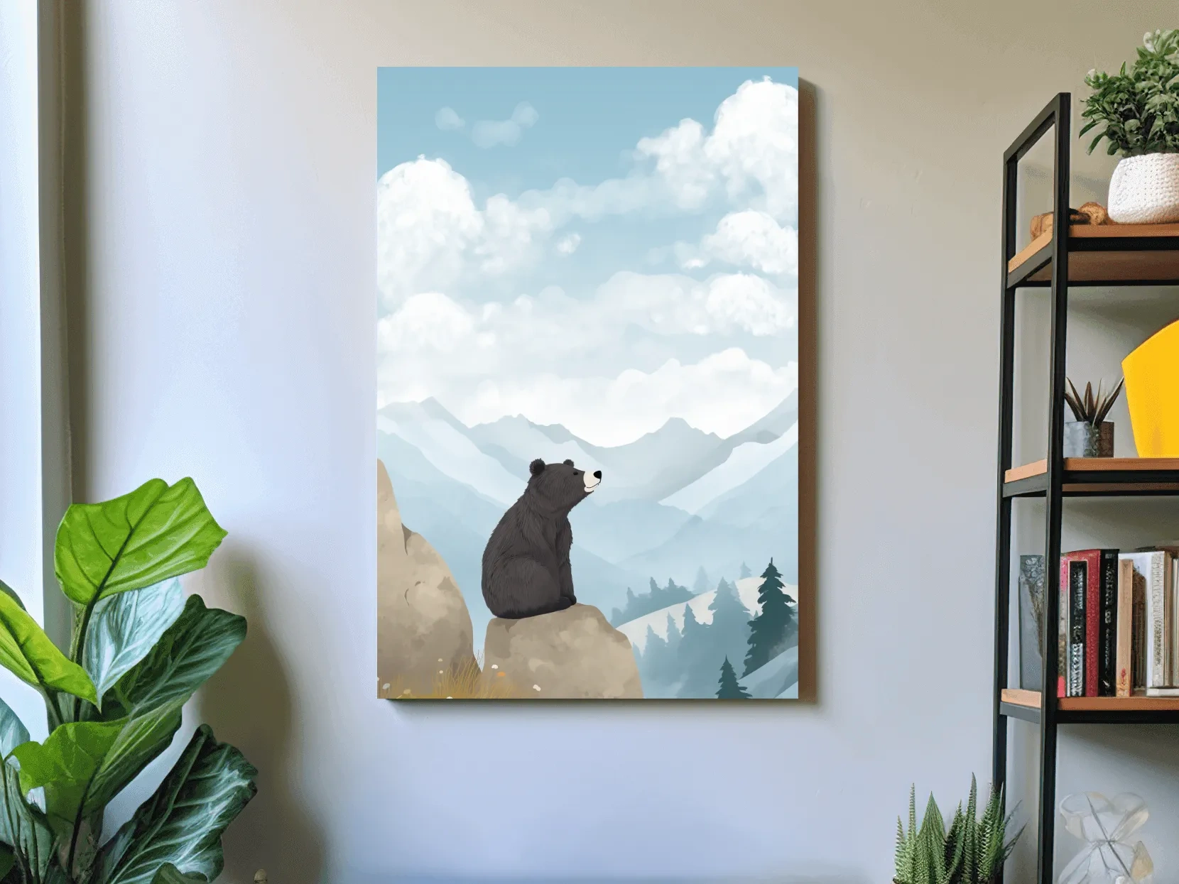 Whimsical Black Bear Mountain Landscape Illustration - Cute Animal Nursery Wall Art