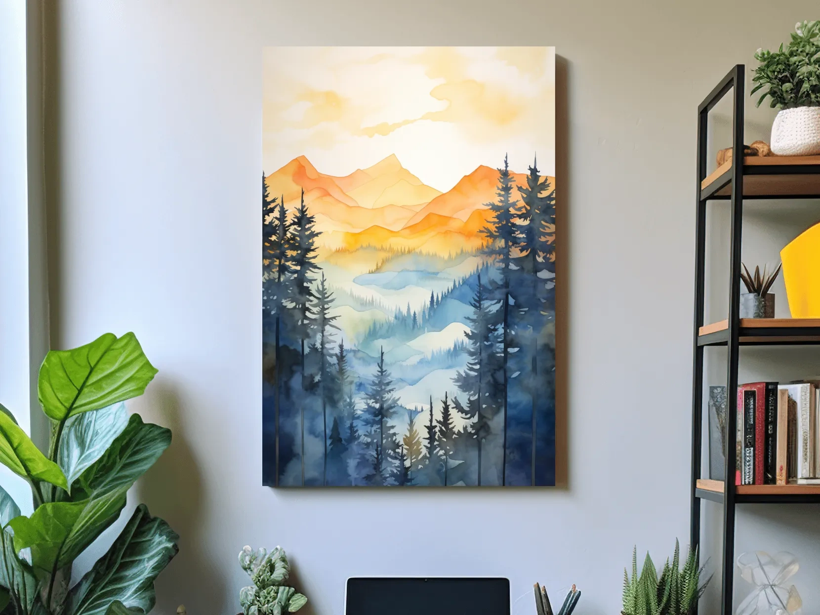 Golden Watercolor Mountain Sunrise Painting - Misty Alpine Forest Artwork