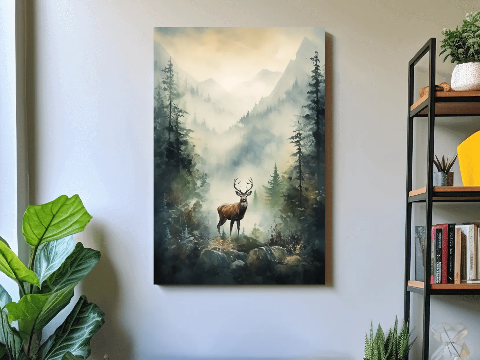 Misty Alpine Forest Deer Painting - Atmospheric Mountain Wildlife Wall Art