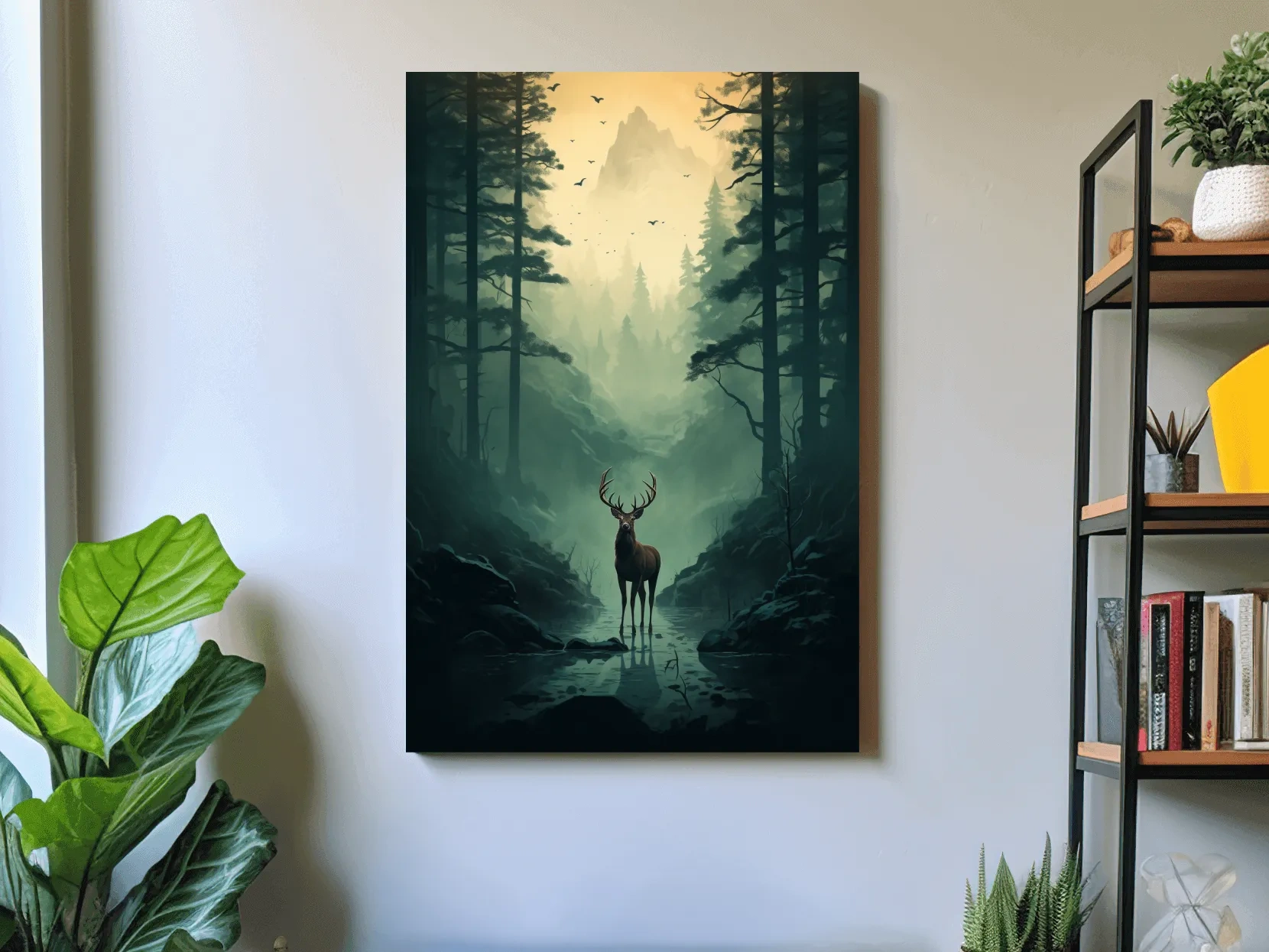 Moody Misty Forest Deer Stag Landscape - Atmospheric Wildlife Mountain Wall Art