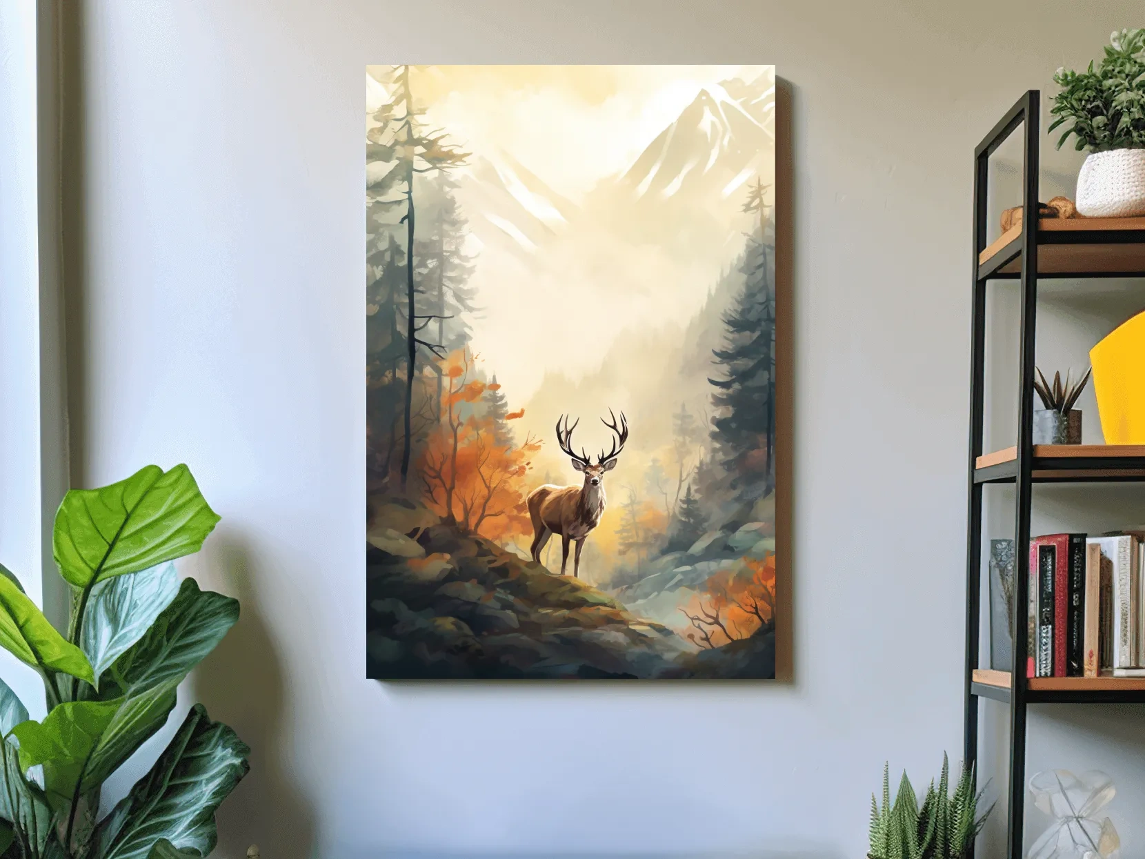 Majestic Stag In Misty Mountain Forest - Autumn Watercolor Wildlife Wall Art