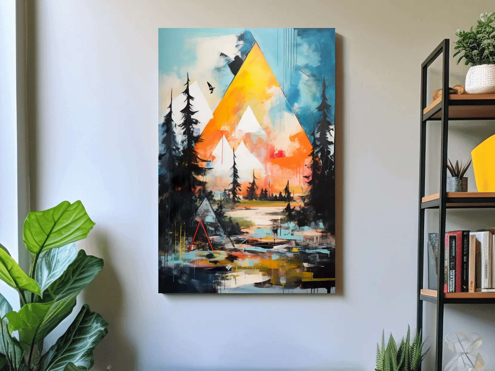 Vibrant Abstract Mountain Painting - Modern Geometric Alpine Forest Wall Art