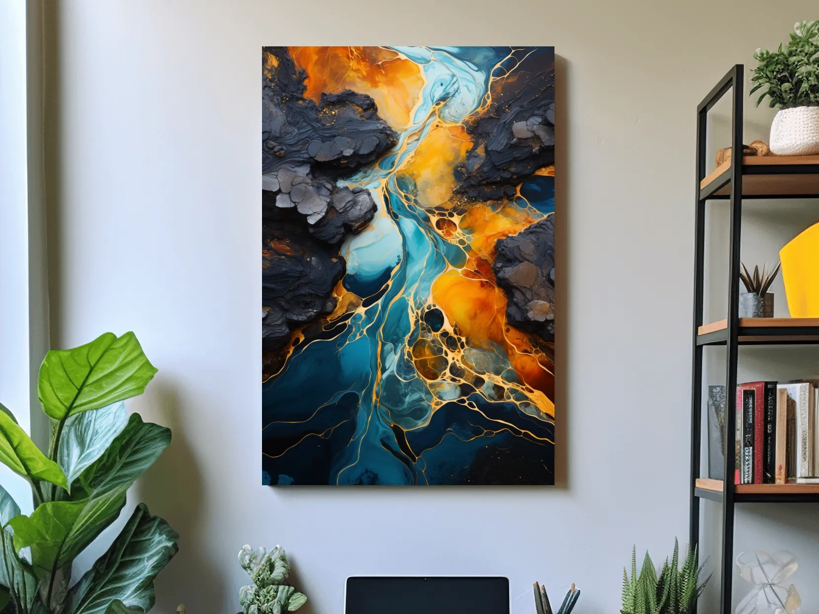 Elegant Gold And Teal Abstract Flowinf River - Alcohol Ink Style Wall Art