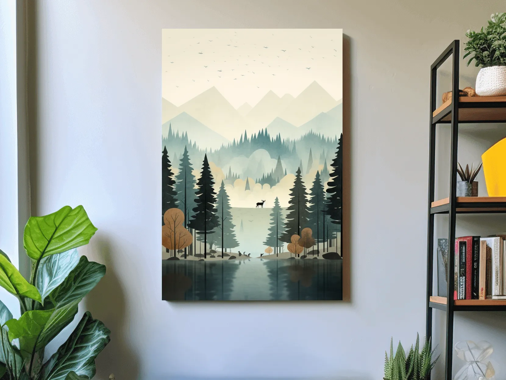 Alpine Lake Forest With Deer - Scandinavian Minimalist Wall Art