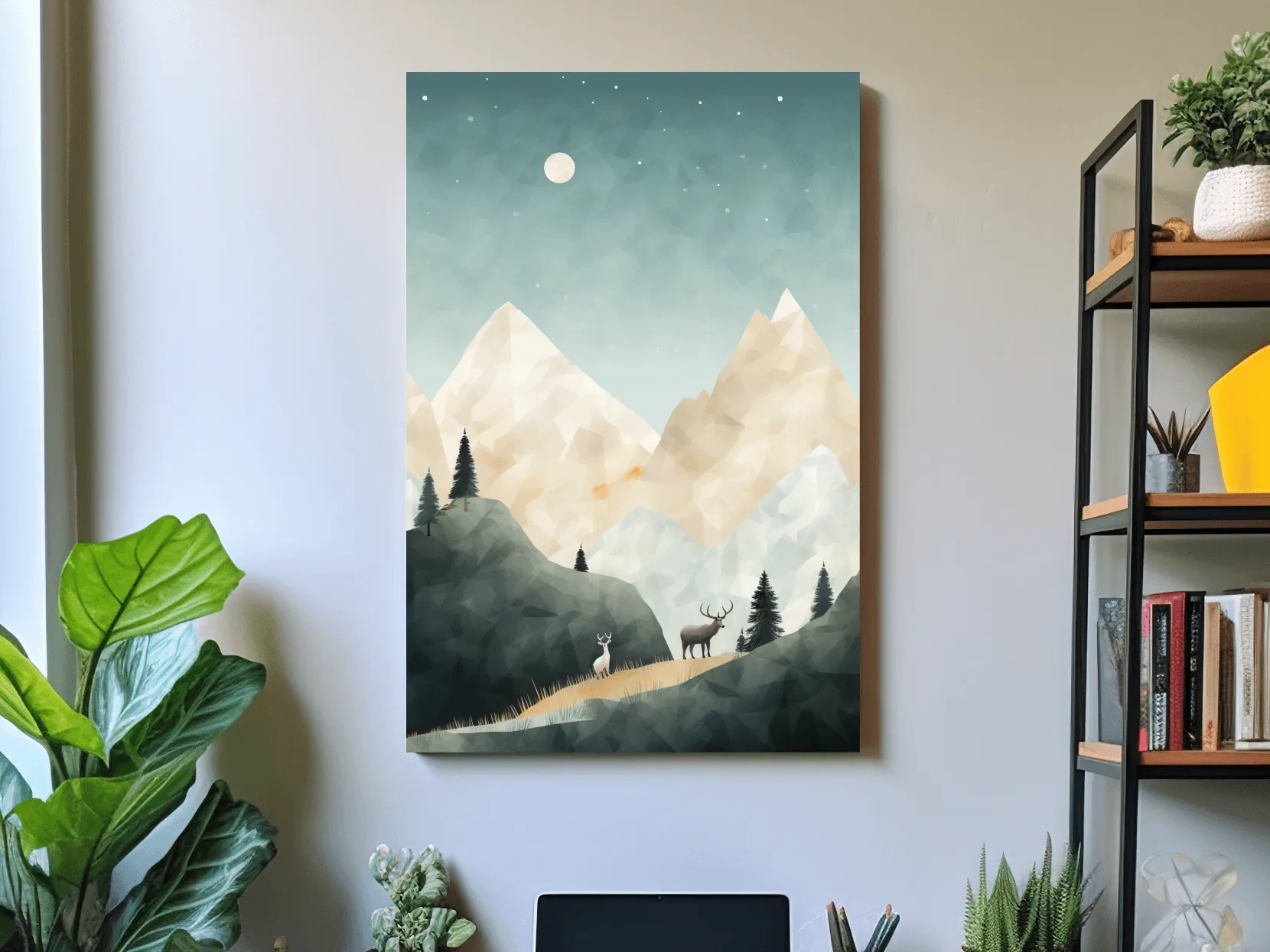 Mountain Deer Landscape Illustration - Minimalist Alpine Forest Wildlife Wall Art