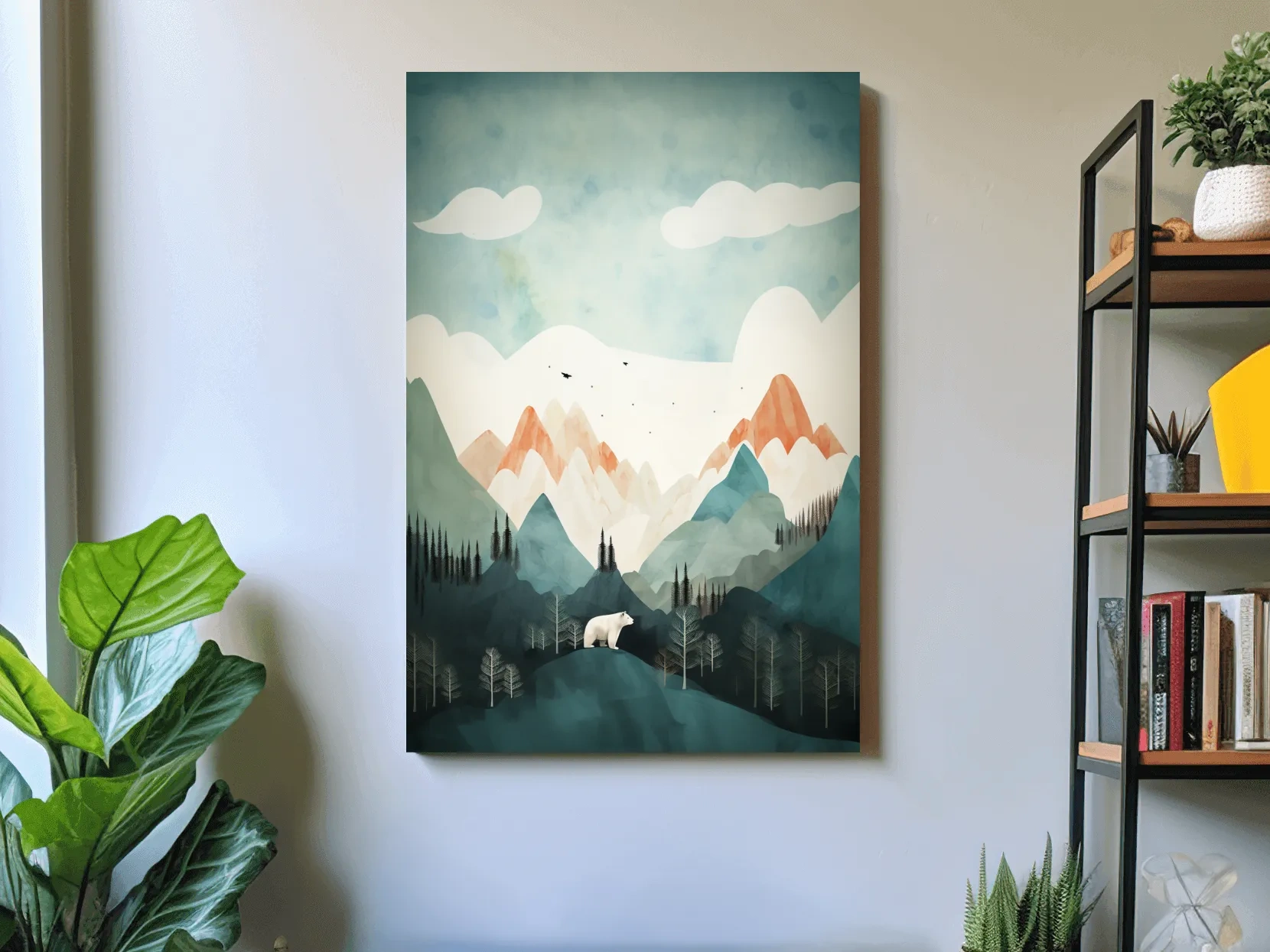 Whimsical Bear Alpine Mountain Landscape - Childrens Nursery Wall Art