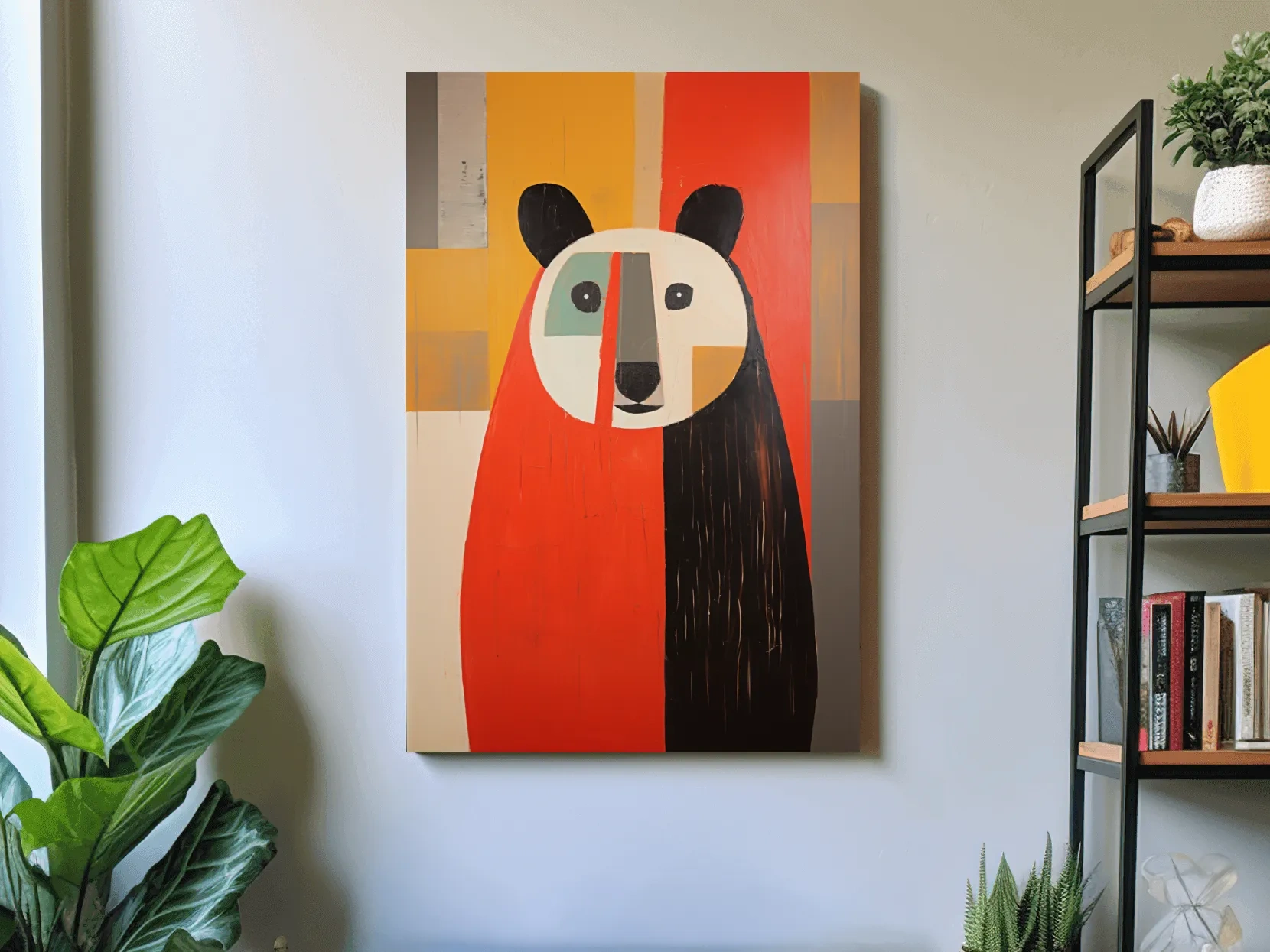 Bold Geometric Bear Portrait Painting - Quirky Abstract Animal Wall Art