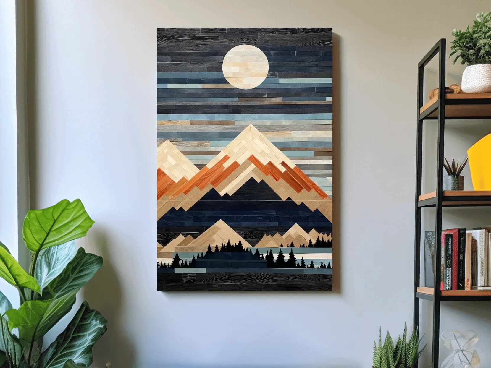 Geometric Wood Mosaic Mountain Range Under Full Moon - Modern Rustic Landscape Wall Art