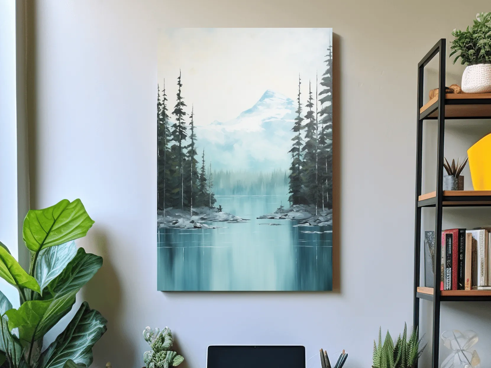 Turquoise Alpine Lake & Pine Forest Watercolor - Serene Mountain Landscape Wall Art