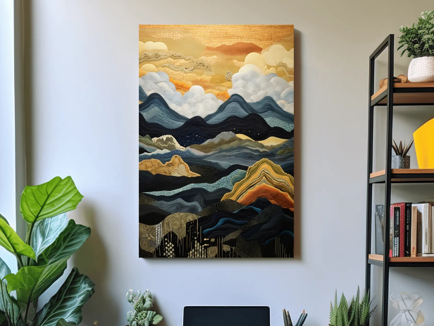 Layered Tapestry Mountain Range Sunrise - Abstract Mixed Media Landscape Wall Art