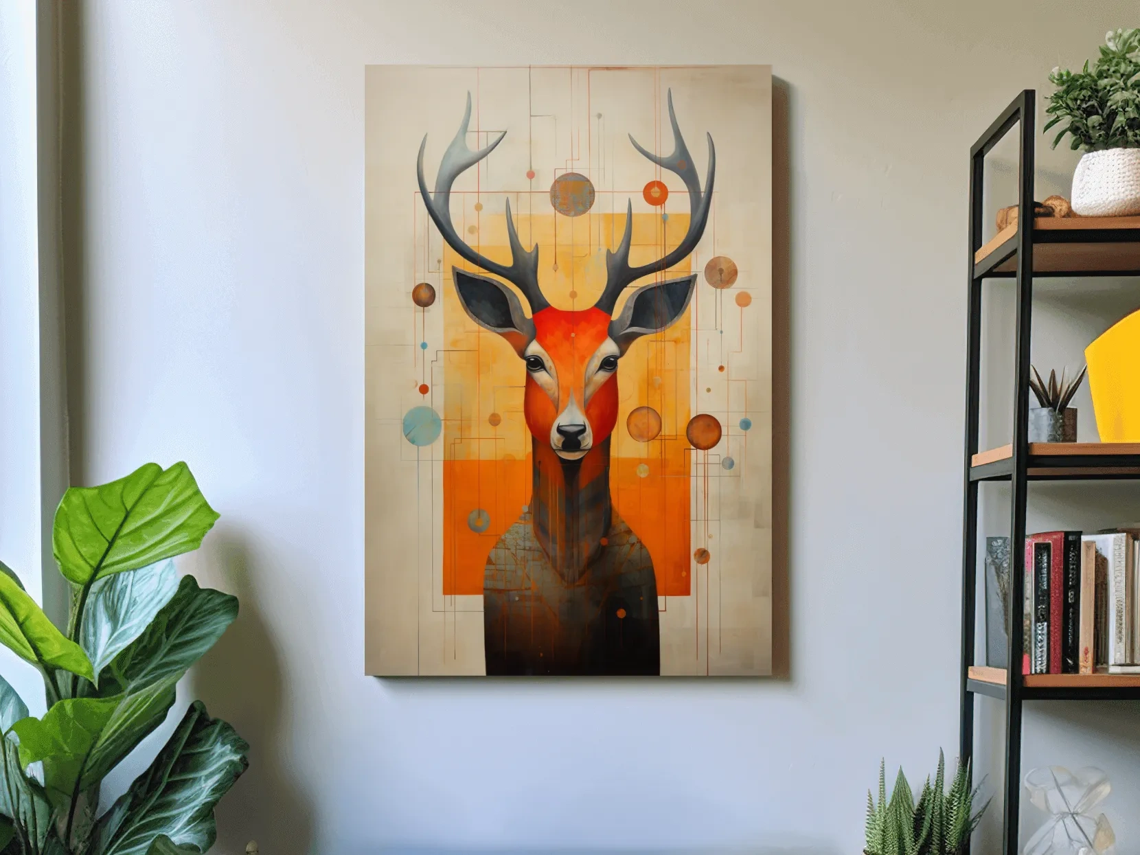 Mid Century Abstract Stag Portrait Painting - Quirky Wildlife Wall Art