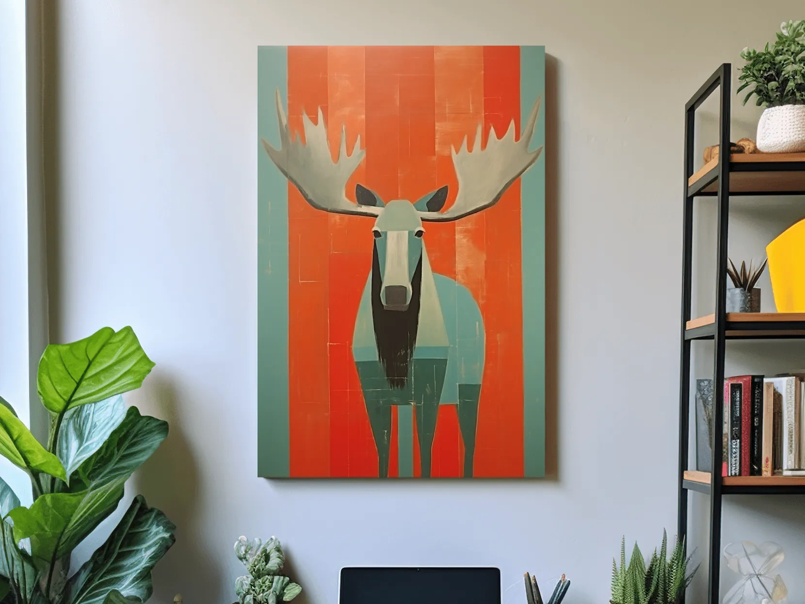 Mid Century Modern Rustic Moose Portrait Painting -  Wildlife Wall Art