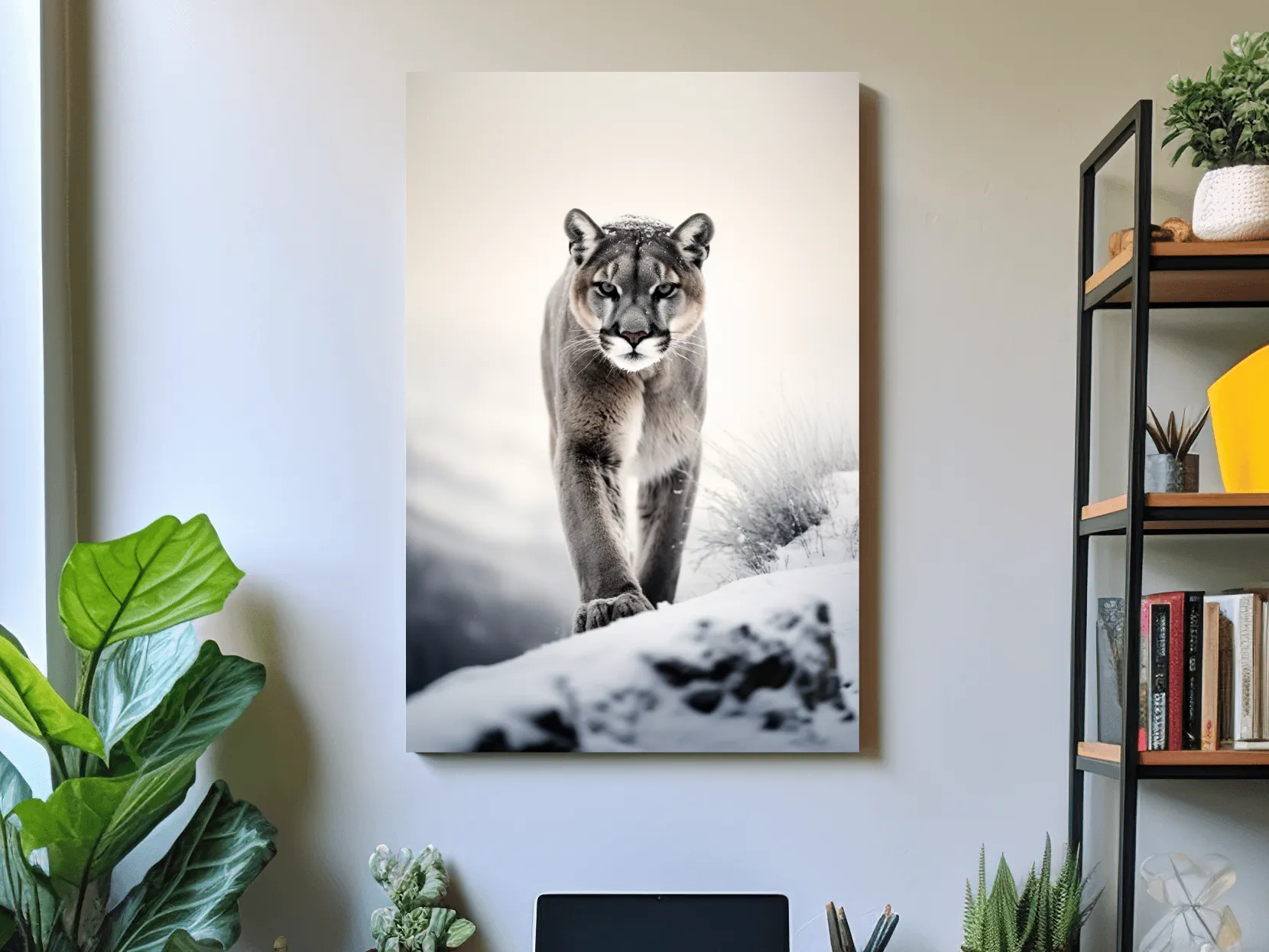 Photograph of a mountain lion walking in snow