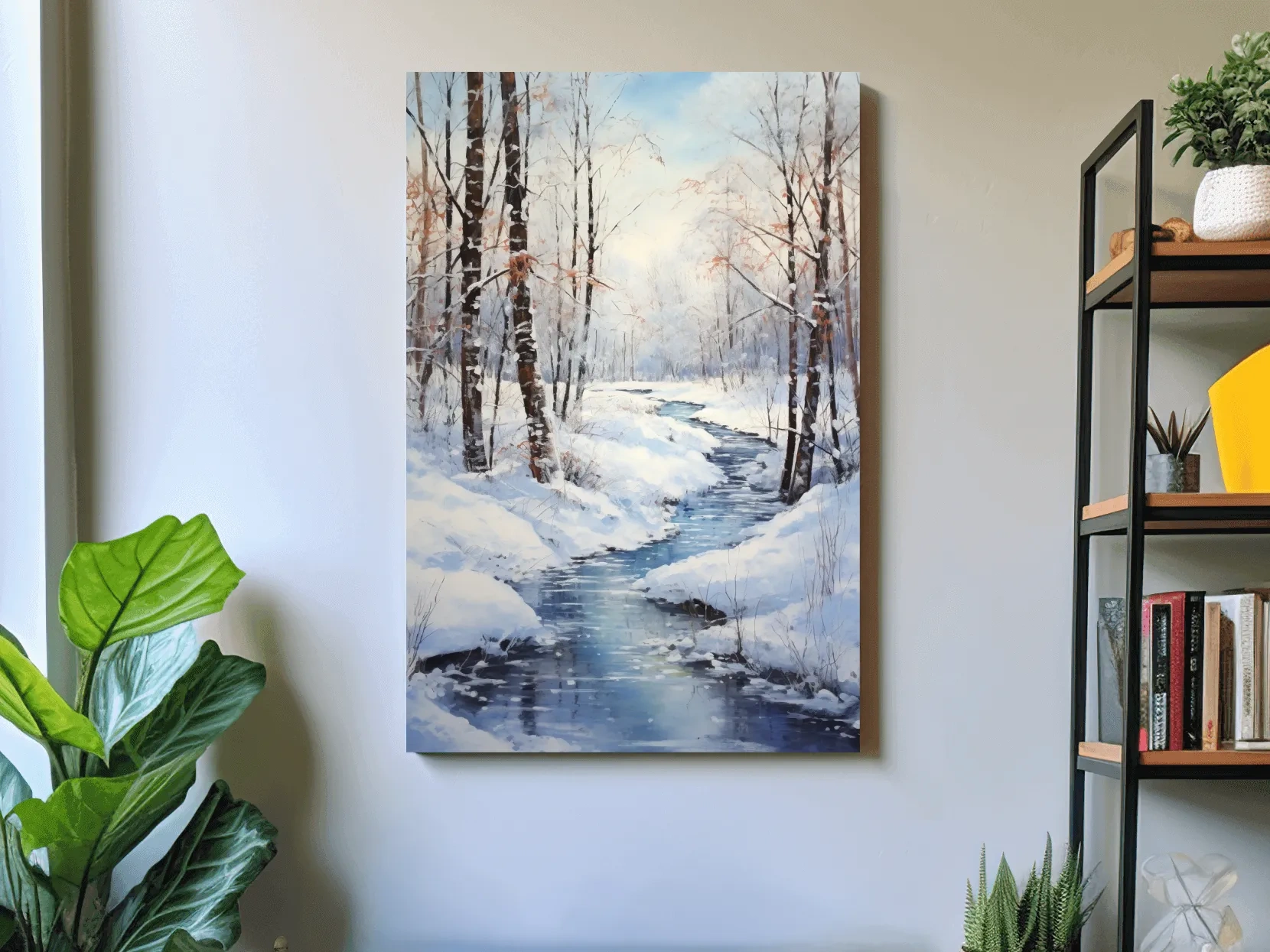Serene Winter River Forest Painting - Snowy Woodland Wall Art