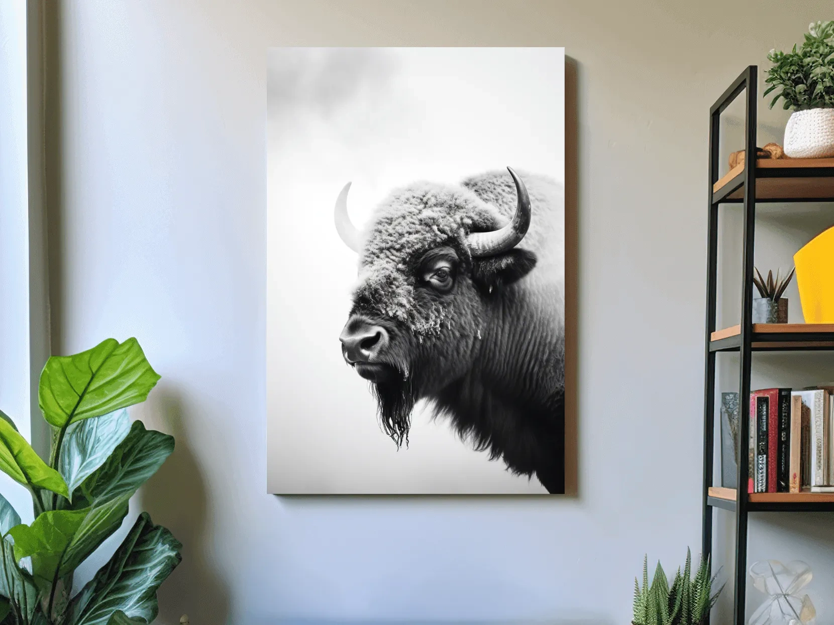 Moody Black And White Bison Portrait - Minimalist Photographic Wildlife Wall Art