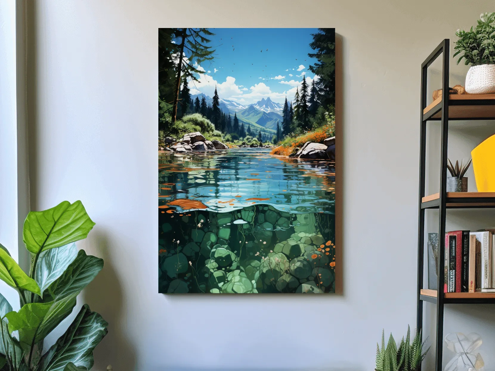 Crystal Clear Alpine River Landscape Illustration - Vibrant Mountain Forest Artwork