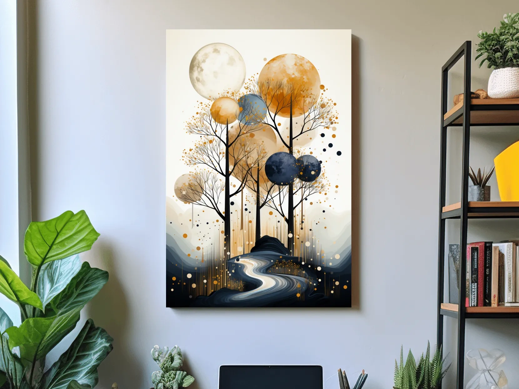 Surreal Golden Moonlit Forest River - Chic Boho Landscape Wall Art
