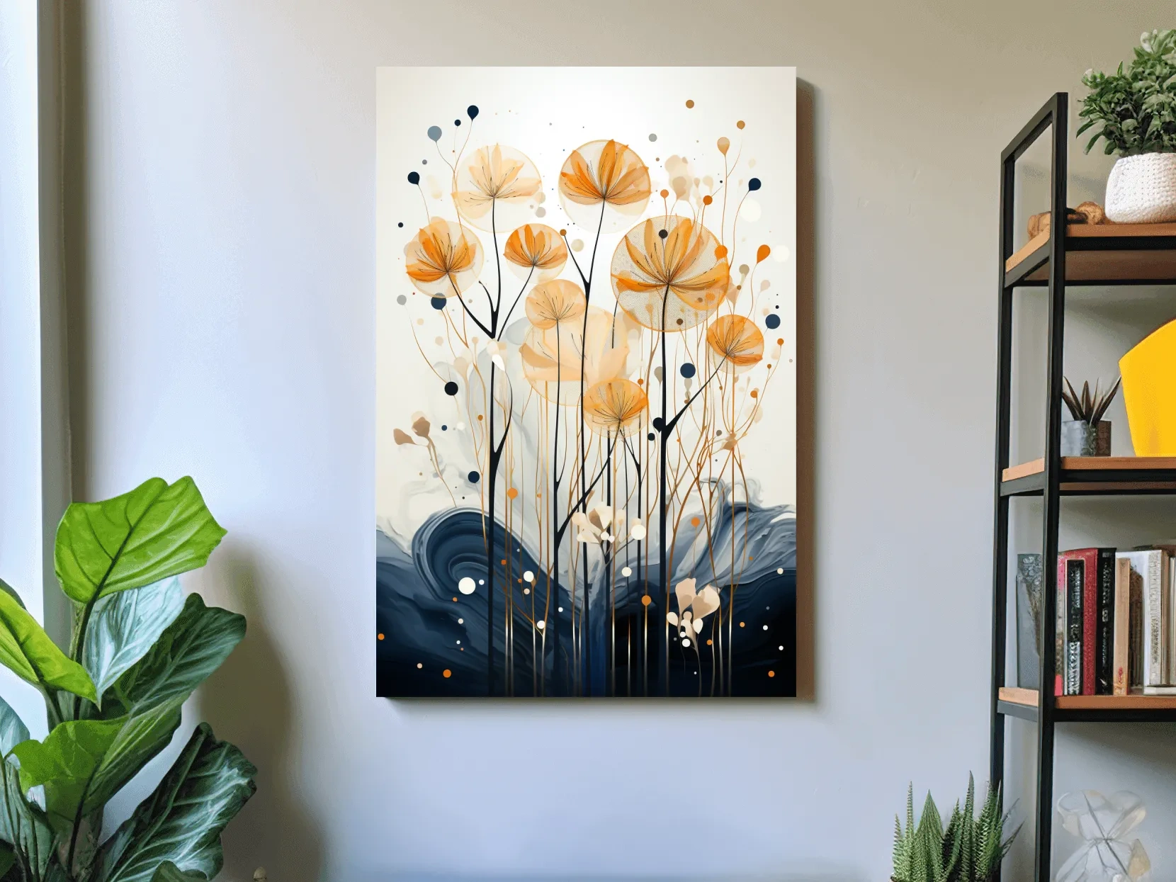 Abstract Golden Wildflower Ink Wash - Botanical Boho Wall Art