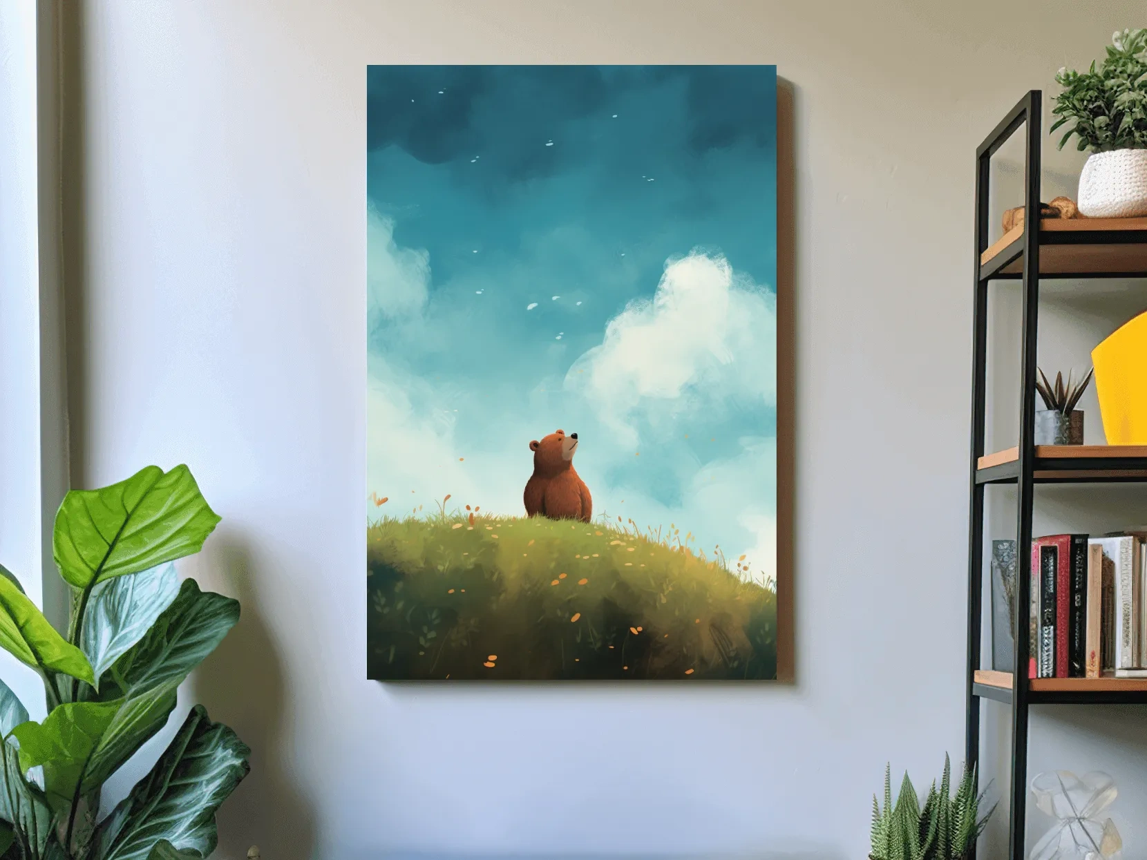 Whimsical Bear Cub Meadow Illustration - Cute Woodland Nursery Wall Art