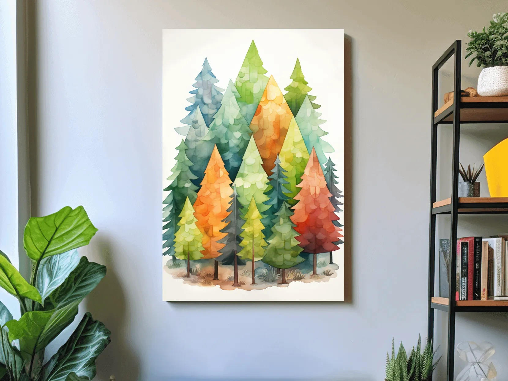 Whimsical Watercolor Pine Forest Illustration - Colorful Scandinavian Nature Wall Art