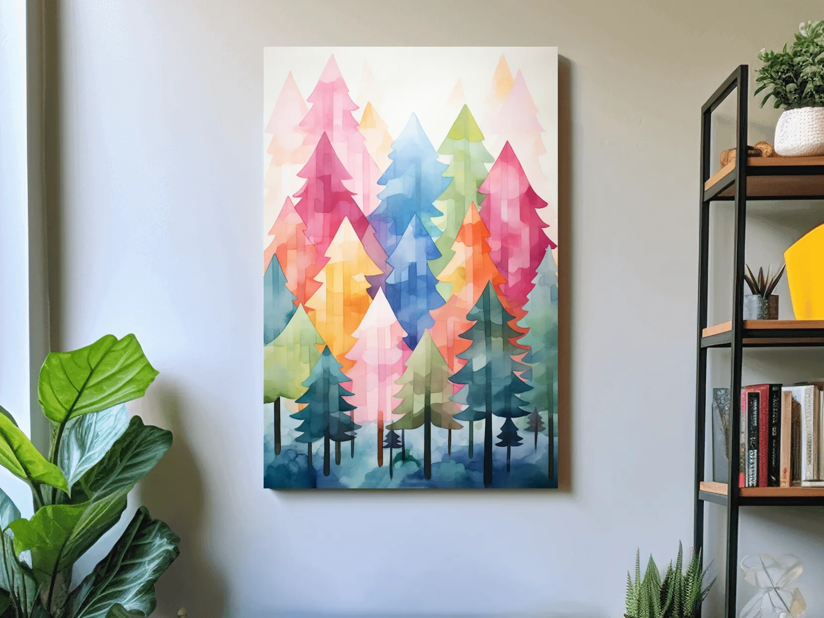 Colorful Watercolor Pine Forest Illustration - Whimsical Scandinavian Boho Wall Art