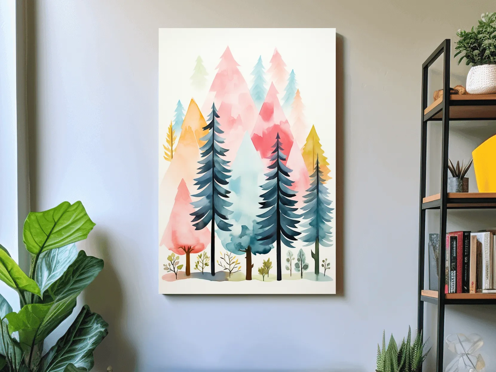 Pastel Watercolor Pine Forest - Colorful Scandinavian Nature Wall Art