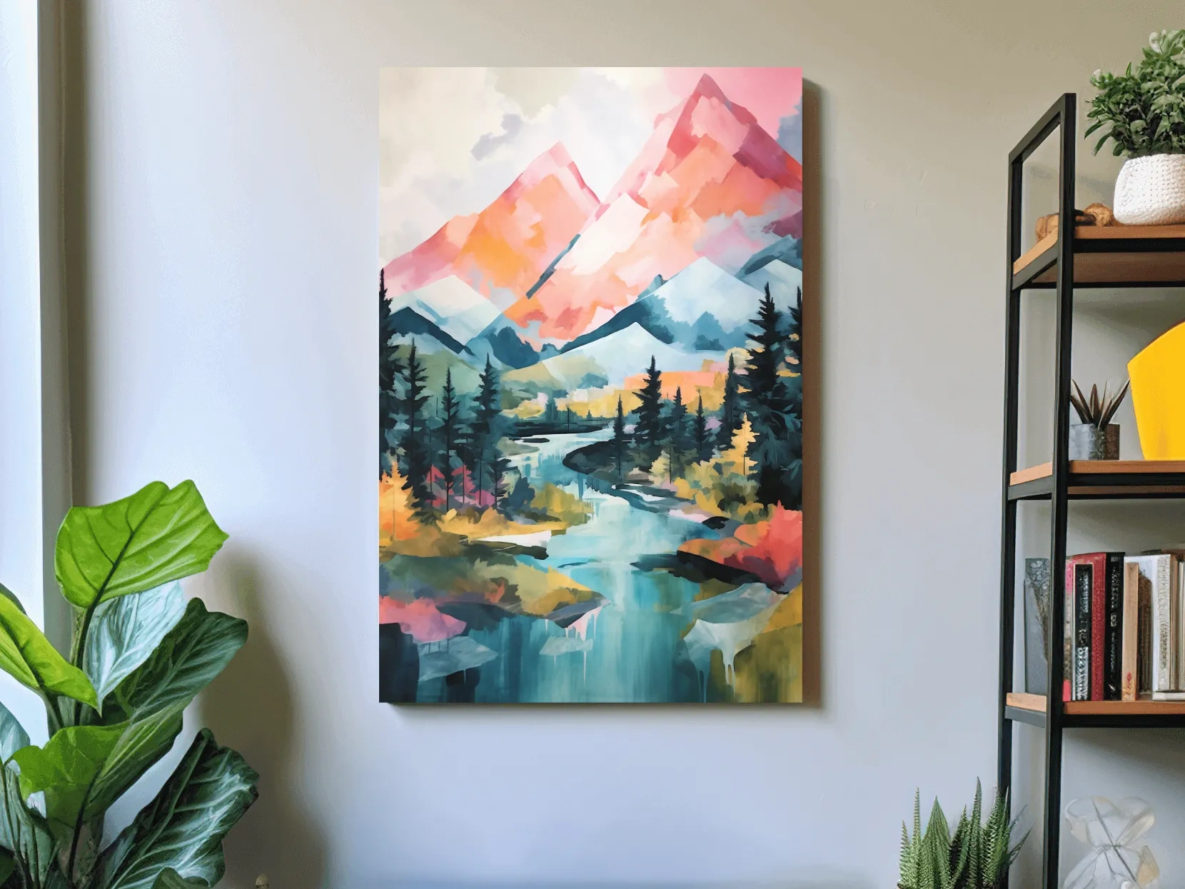 Vibrant Mountain River Landscape Painting - Colorful Alpine Forest Wall Art