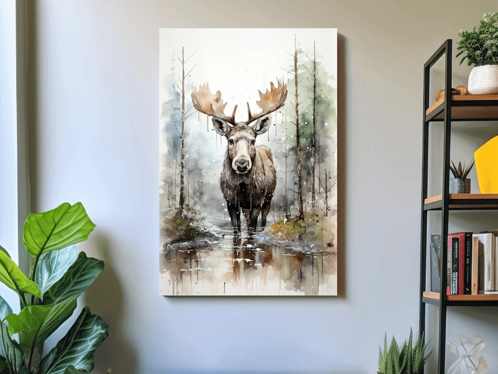 Watercolor Moose In Misty Forest - Rustic Woodland Wildlife Painting Wall Art