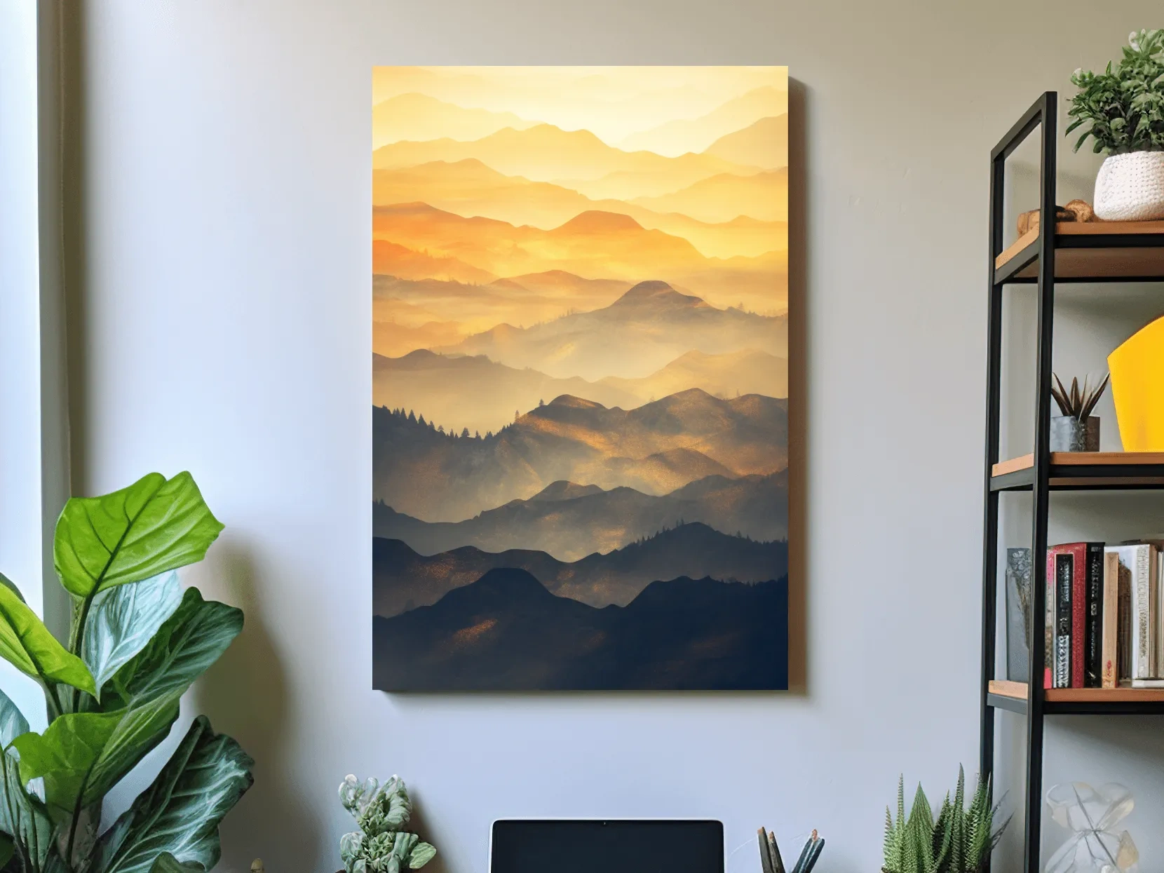 Golden Misty Mountain Ranges Landscape - Serene Layered Sunrise Artwork