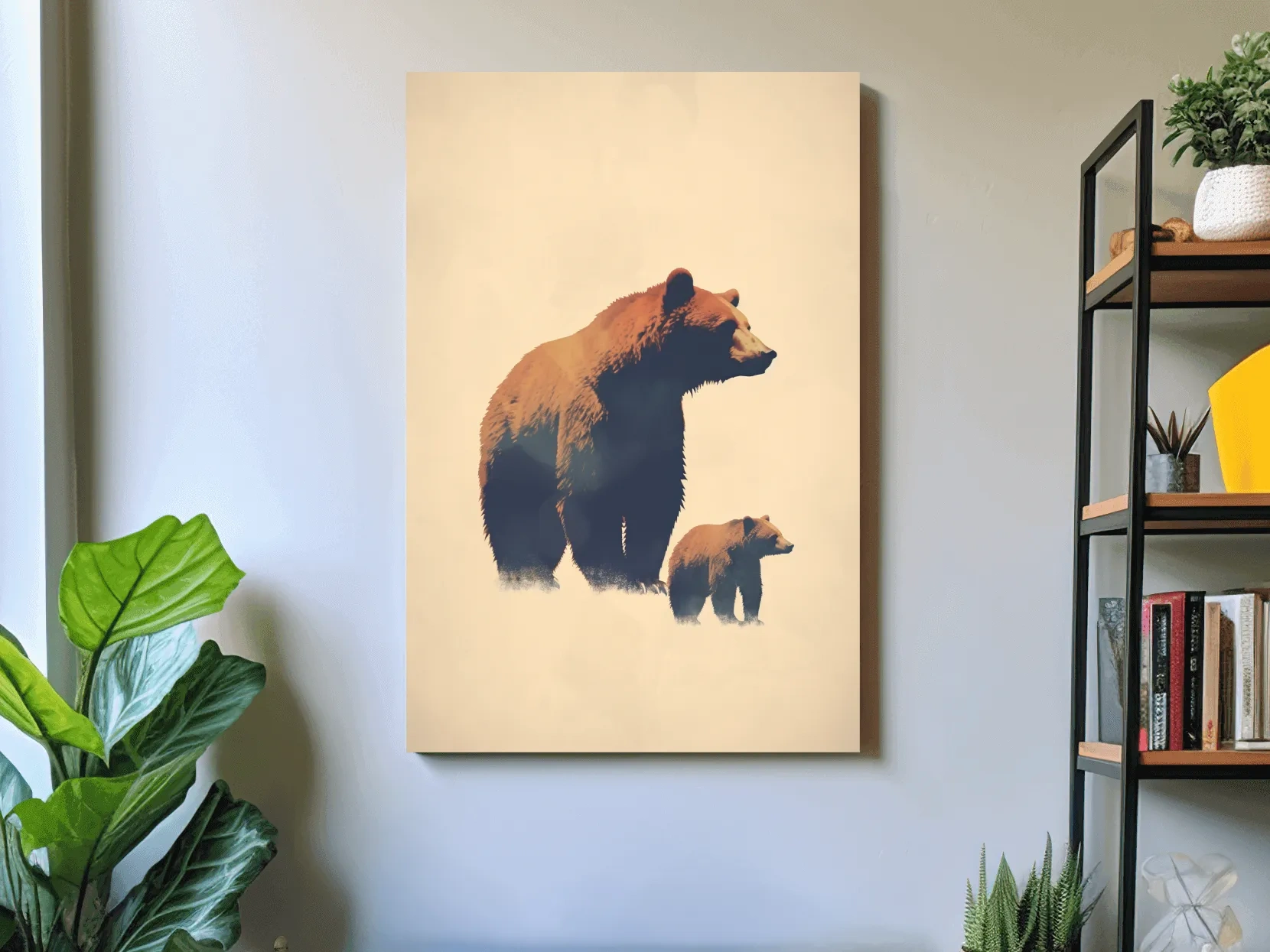Minimalist Grizzly Bear Mother And Cub Artwork - Neutral Wildlife Wall Art