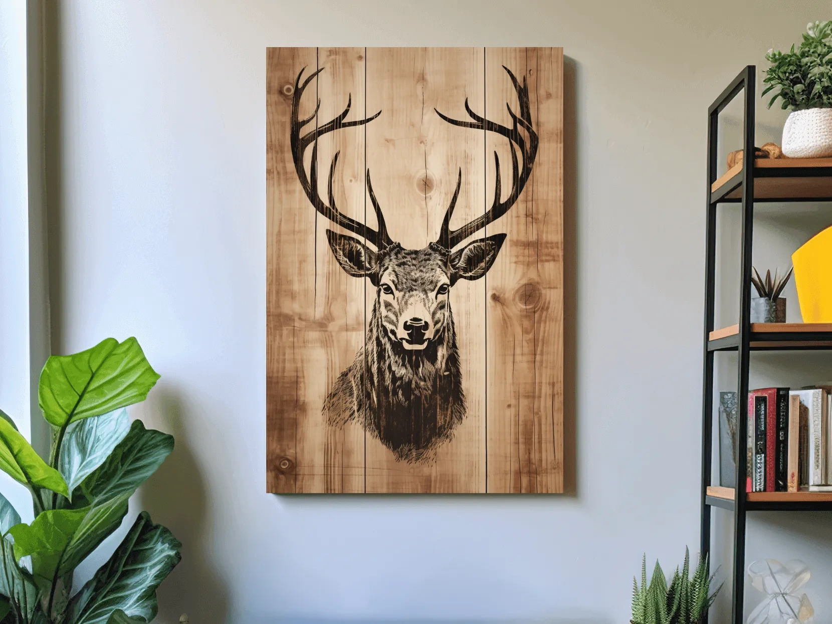 Rustic Deer Head Woodburn Style Portrait - Lodge Cabin Wildlife Wall Art