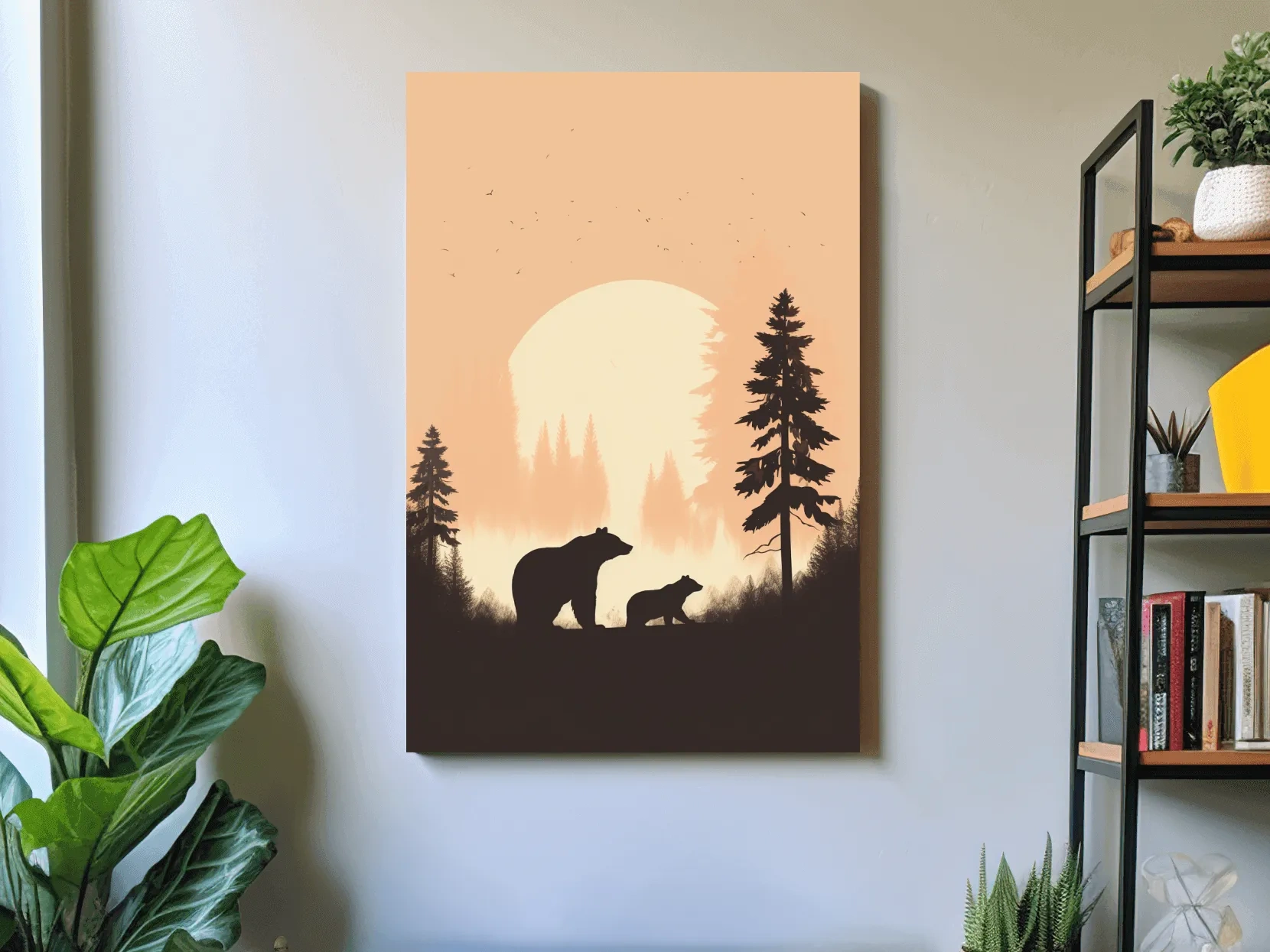 Momma Bear & Cub Silhouettes At Sunset - Minimalist Forest Wildlife Wall Art