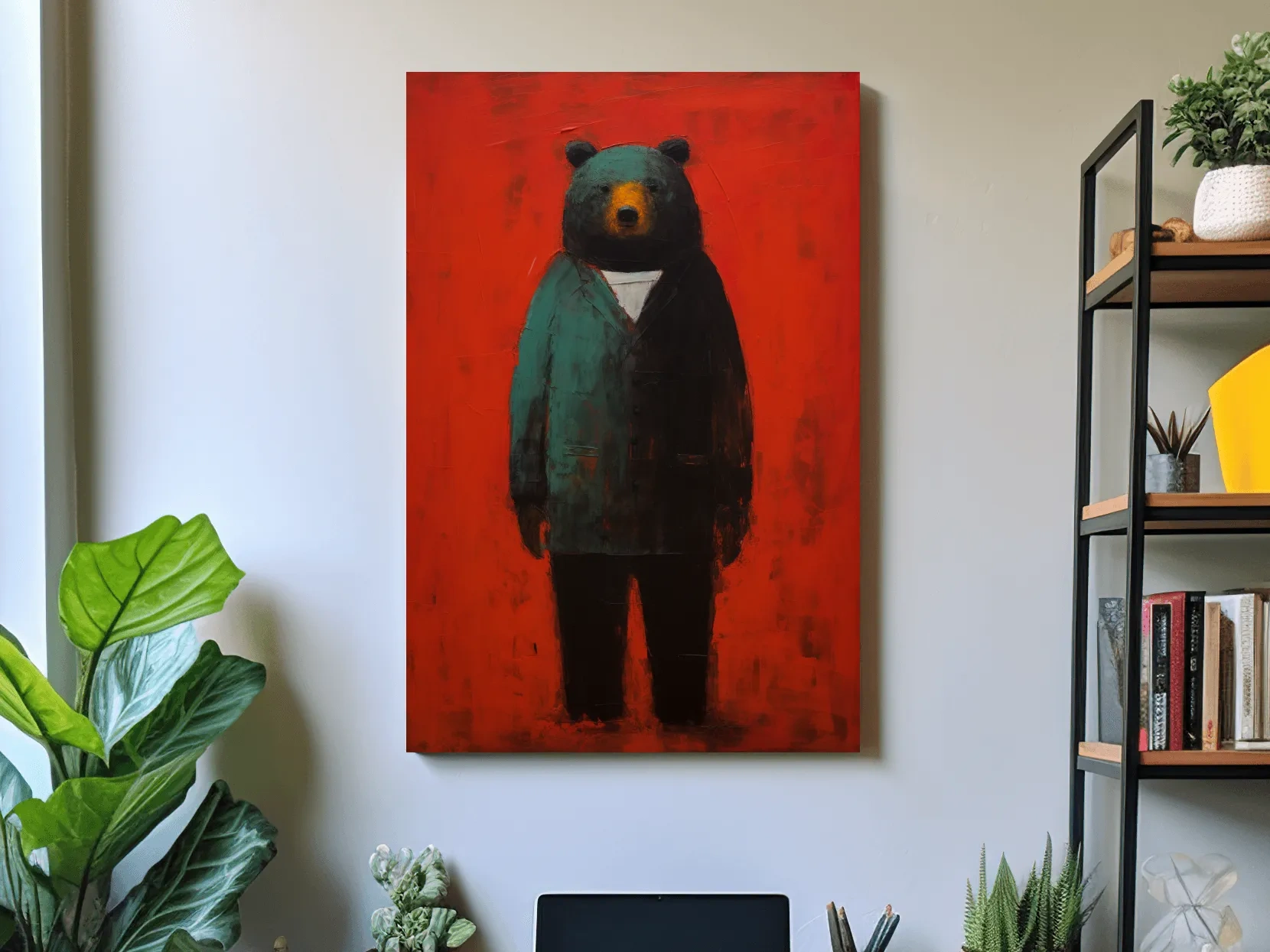 Moody Bear Wearing Suit Portrait Painting - Expressive Wildlife Wall Art
