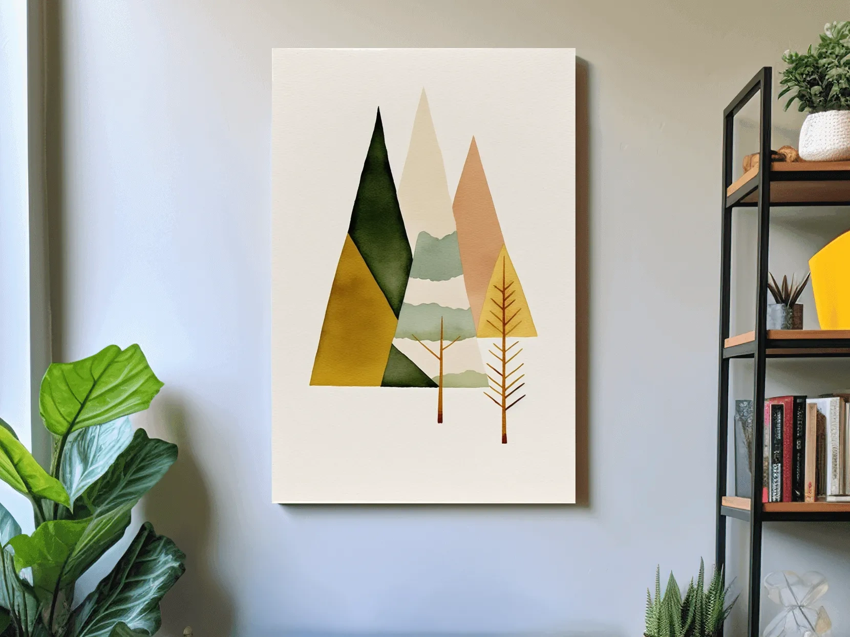 Minimalist Scandinavian Geometric Mountains - Modern Watercolor Forest Landscape Wall Art