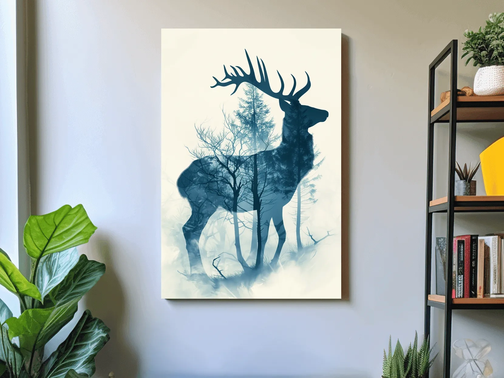 Moody Double Exposure Stag Silhouette - Misty Forest Wildlife Wall Art