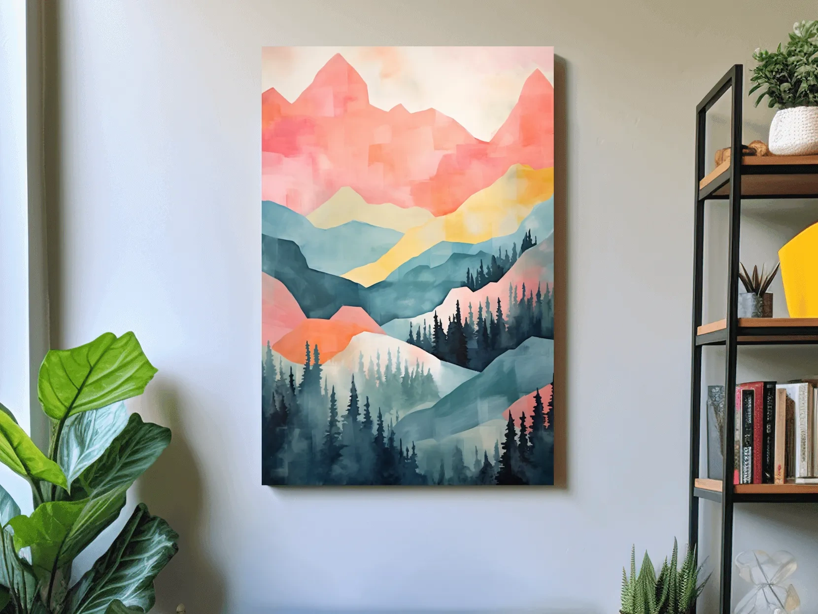 Abstract Watercolor Mountain Sunrise Landscape - Pastel Alpine Forest Wall Art