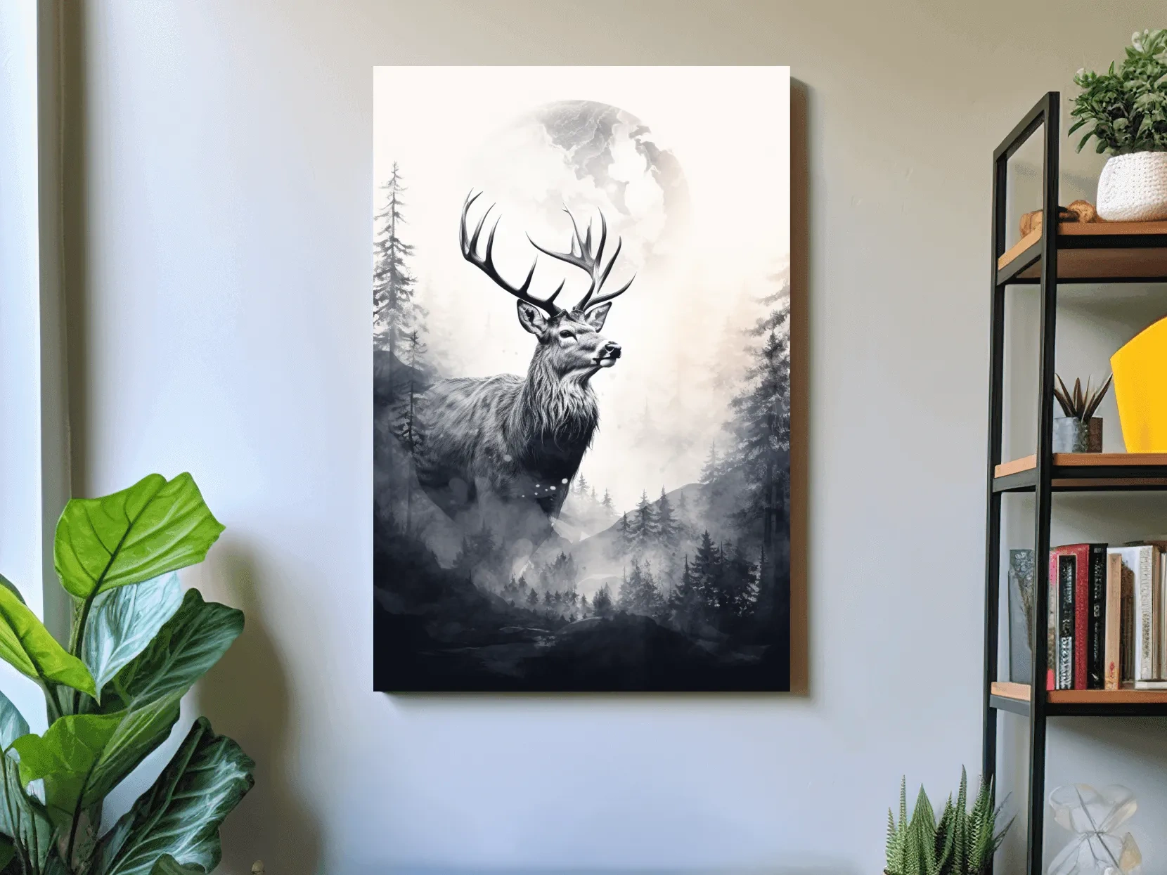 Majestic Stag In Misty Moonlit Forest - Double Exposure Wildlife Wall Art