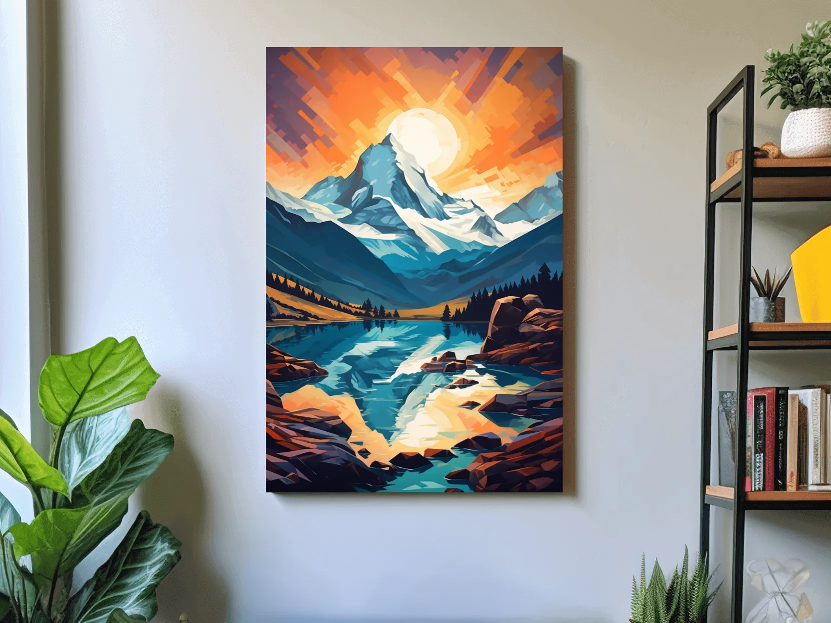 Sunset over the alpine glaciers, vector mountain art