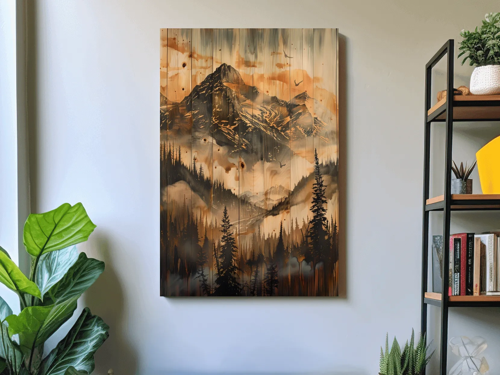 Rustic Woodgrain Mountain Landscape Painting - Sepia Misty Pine Forest Wall Art